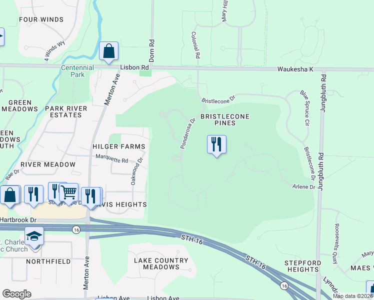 map of restaurants, bars, coffee shops, grocery stores, and more near 800 Ponderosa Drive in Hartland