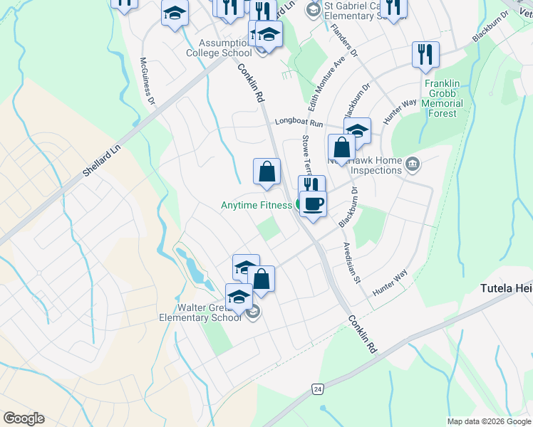 map of restaurants, bars, coffee shops, grocery stores, and more near 18 Merritt Lane in Brantford