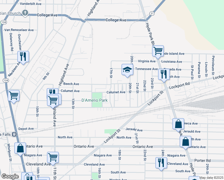 map of restaurants, bars, coffee shops, grocery stores, and more near 1710 Calumet Avenue in Niagara Falls