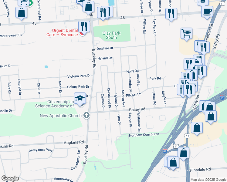 map of restaurants, bars, coffee shops, grocery stores, and more near 205 Hyland Dr in Syracuse