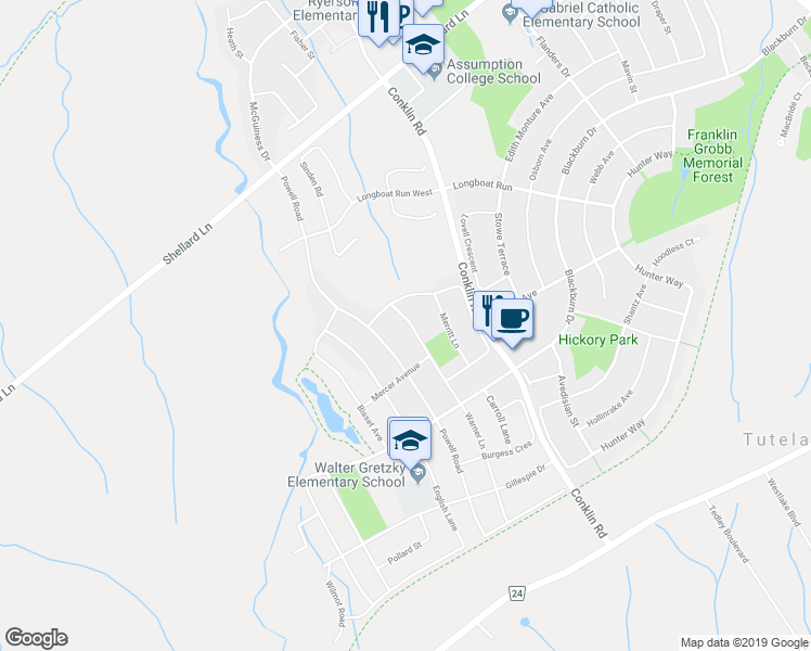 map of restaurants, bars, coffee shops, grocery stores, and more near 16 Warner Lane in Brantford