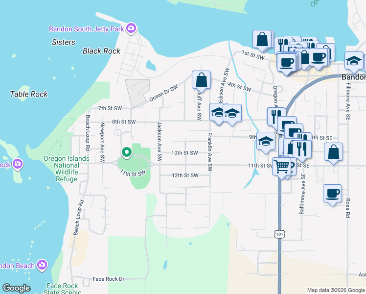 map of restaurants, bars, coffee shops, grocery stores, and more near 801 9th Street Southwest in Bandon