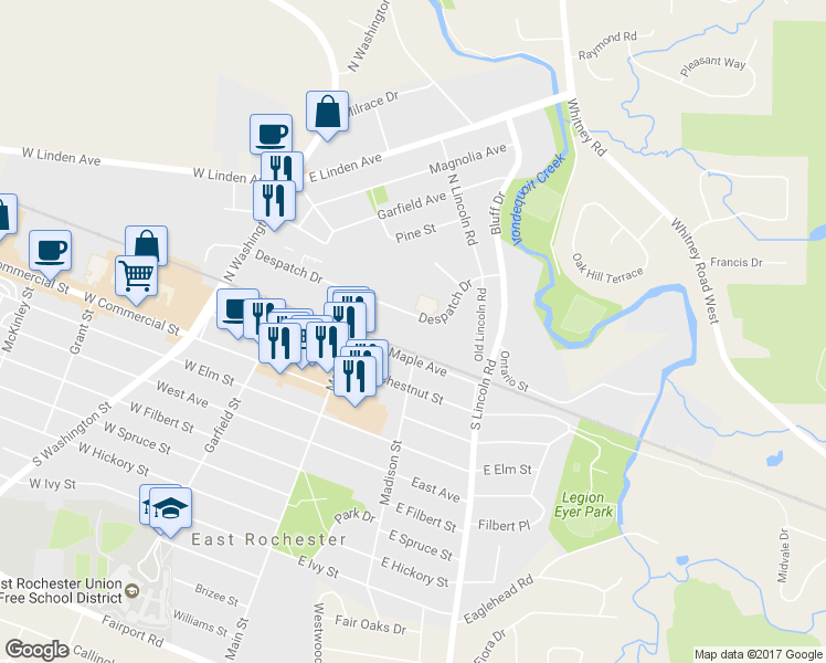 map of restaurants, bars, coffee shops, grocery stores, and more near 140 Despatch Drive in East Rochester