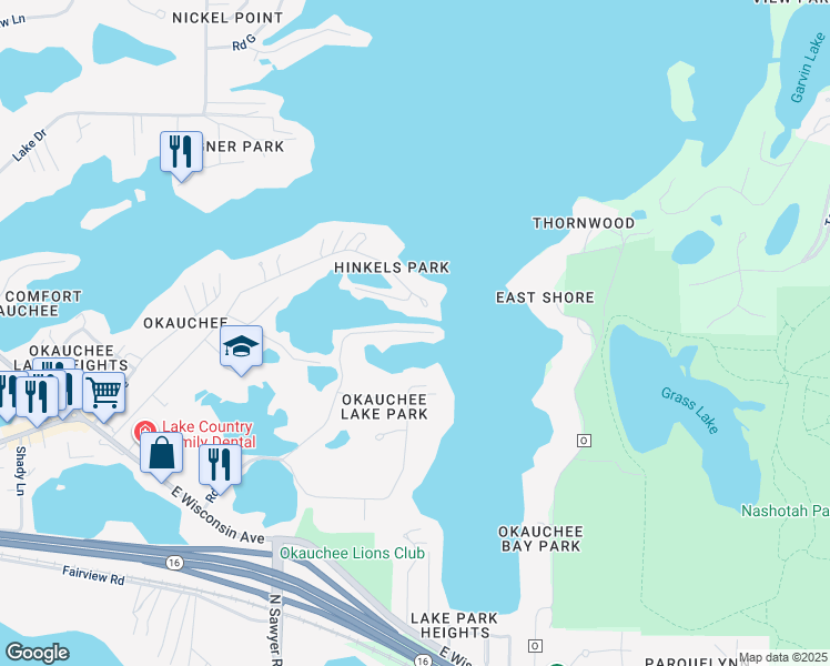 map of restaurants, bars, coffee shops, grocery stores, and more near N52W34231 Gietzen Road in Okauchee Lake