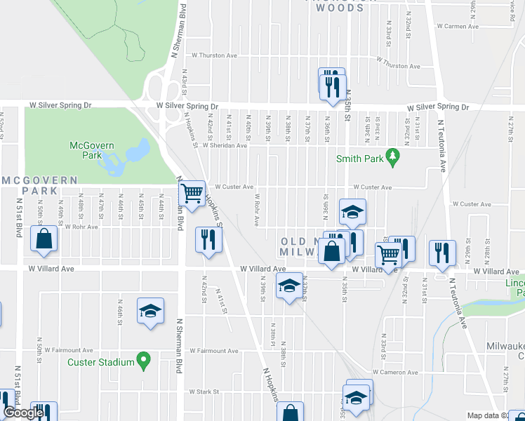 map of restaurants, bars, coffee shops, grocery stores, and more near 5333 North 39th Street in Milwaukee