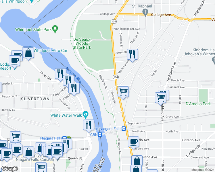 map of restaurants, bars, coffee shops, grocery stores, and more near 2813 Whirlpool Street in Niagara Falls