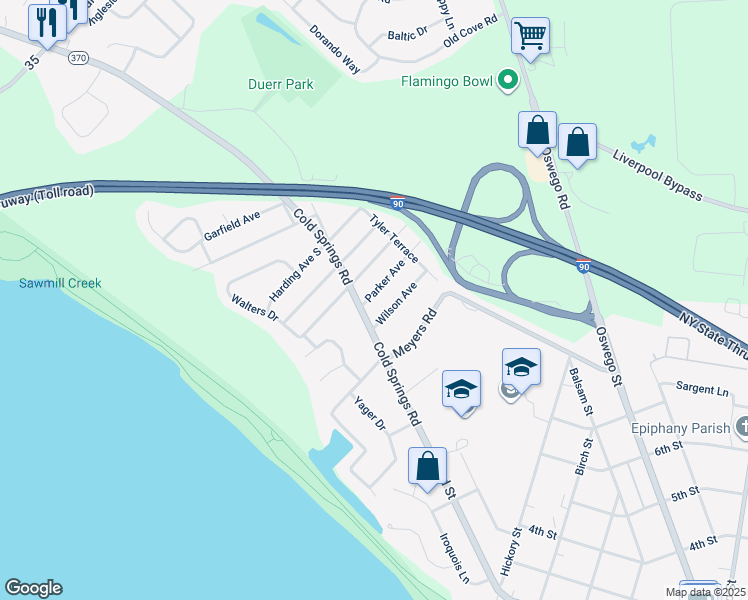 map of restaurants, bars, coffee shops, grocery stores, and more near 100 Parker Avenue in Liverpool