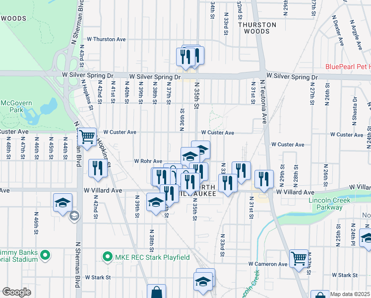 map of restaurants, bars, coffee shops, grocery stores, and more near 5334 North 36th Street in Milwaukee
