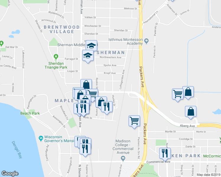 map of restaurants, bars, coffee shops, grocery stores, and more near 1310 Huxley Street in Madison
