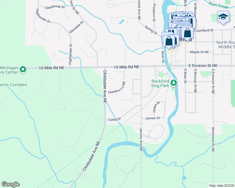 map of restaurants, bars, coffee shops, grocery stores, and more near 212 Hunters Lane Northeast in Rockford