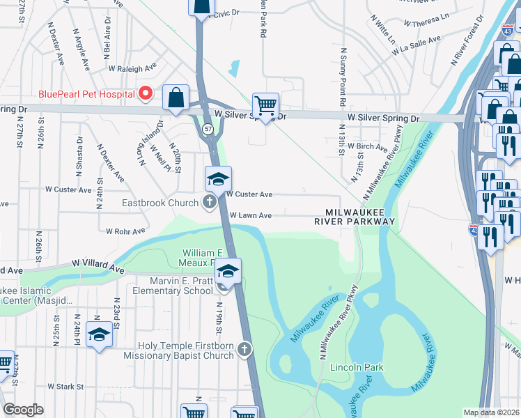 map of restaurants, bars, coffee shops, grocery stores, and more near 1640 West Lawn Avenue in Milwaukee
