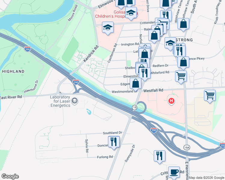 map of restaurants, bars, coffee shops, grocery stores, and more near 140 Westmoreland Drive in Rochester