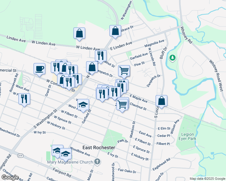 map of restaurants, bars, coffee shops, grocery stores, and more near 116 West Maple Avenue in East Rochester