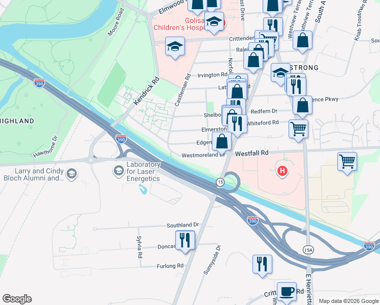 map of restaurants, bars, coffee shops, grocery stores, and more near 140 Westmoreland Drive in Rochester