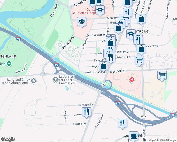 map of restaurants, bars, coffee shops, grocery stores, and more near 120 Westmoreland Drive in Rochester