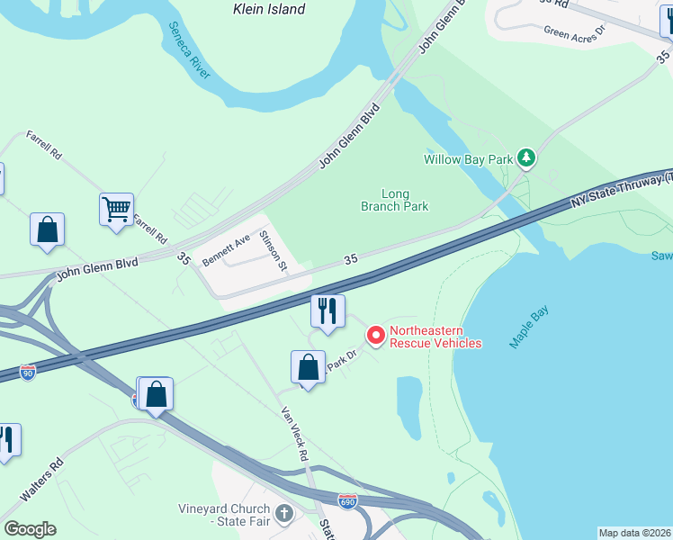 map of restaurants, bars, coffee shops, grocery stores, and more near 356 Long Branch Road in Syracuse