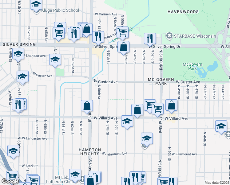 map of restaurants, bars, coffee shops, grocery stores, and more near 5331 North 56th Street in Milwaukee
