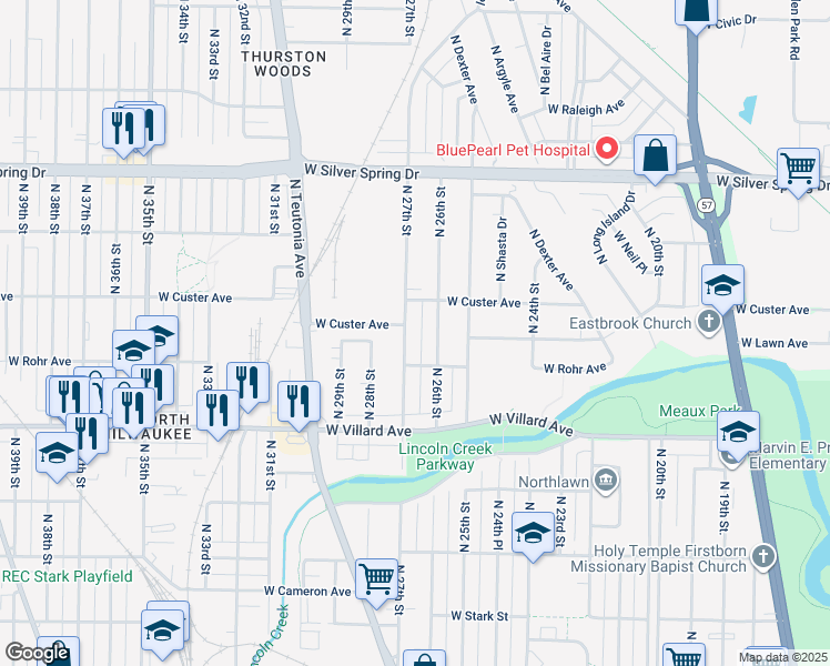 map of restaurants, bars, coffee shops, grocery stores, and more near 5342 North 27th Street in Milwaukee