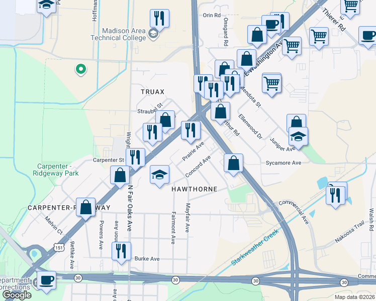 map of restaurants, bars, coffee shops, grocery stores, and more near 3529 Prairie Avenue in Madison