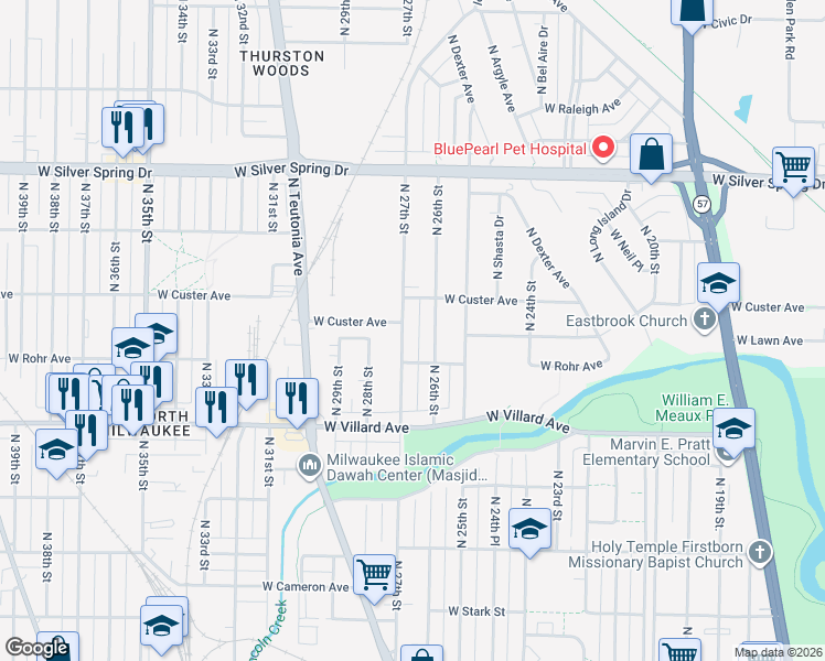 map of restaurants, bars, coffee shops, grocery stores, and more near 5335 North 27th Street in Milwaukee