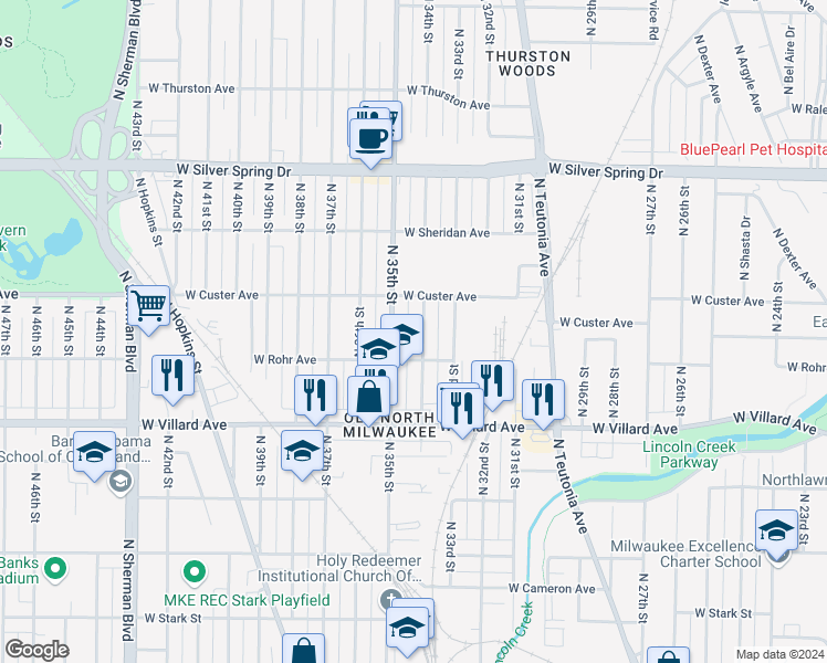 map of restaurants, bars, coffee shops, grocery stores, and more near 5337 North 34th Street in Milwaukee