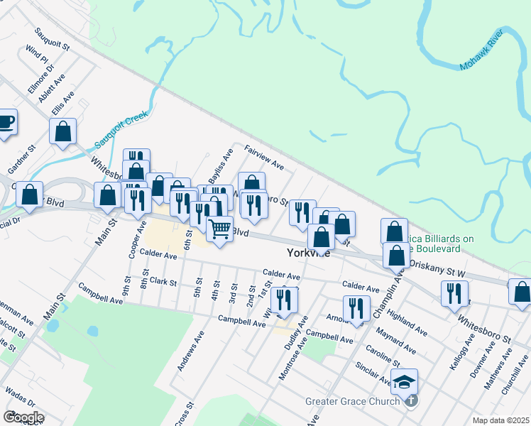 map of restaurants, bars, coffee shops, grocery stores, and more near 4 Oatley Avenue in Yorkville