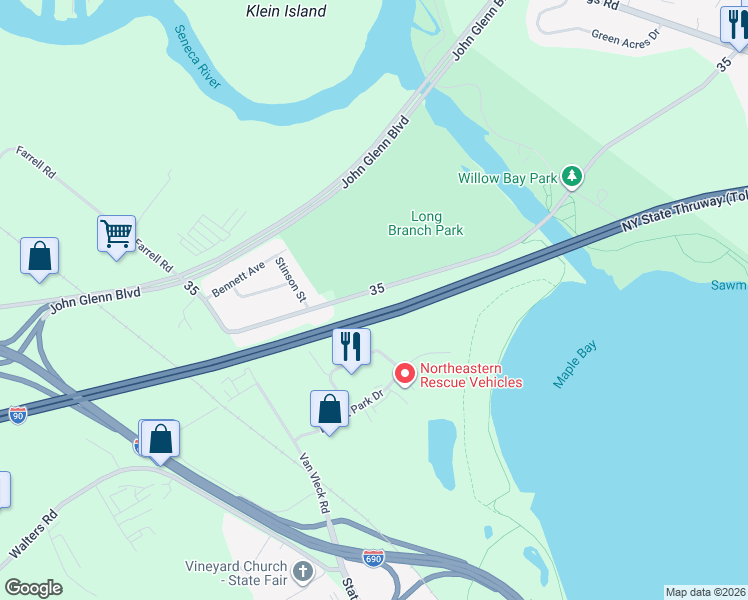 map of restaurants, bars, coffee shops, grocery stores, and more near 356 Long Branch Road in Syracuse