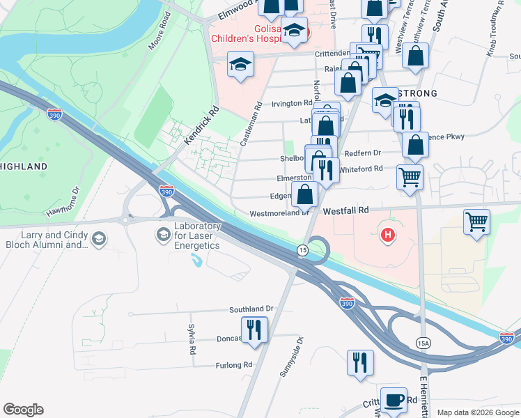 map of restaurants, bars, coffee shops, grocery stores, and more near 140 Westmoreland Drive in Rochester