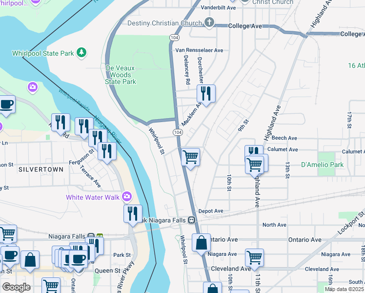 map of restaurants, bars, coffee shops, grocery stores, and more near 2799 Lewiston Road in Niagara Falls