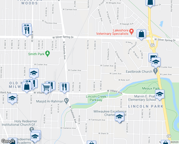map of restaurants, bars, coffee shops, grocery stores, and more near 5335 North 27th Street in Milwaukee