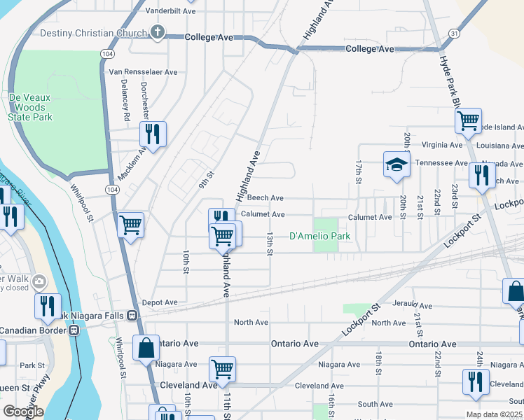 map of restaurants, bars, coffee shops, grocery stores, and more near 1244 Calumet Ave in Niagara Falls