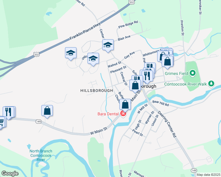 map of restaurants, bars, coffee shops, grocery stores, and more near 52 Church Street in Hillsboro