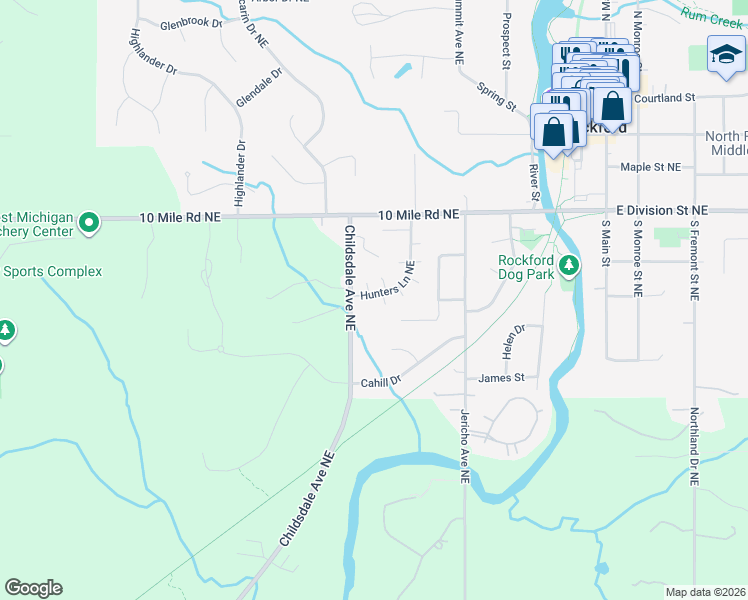 map of restaurants, bars, coffee shops, grocery stores, and more near 154 Hunters Lane Northeast in Rockford
