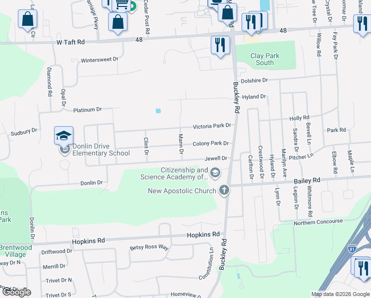 map of restaurants, bars, coffee shops, grocery stores, and more near 201 Colony Park Drive in Liverpool