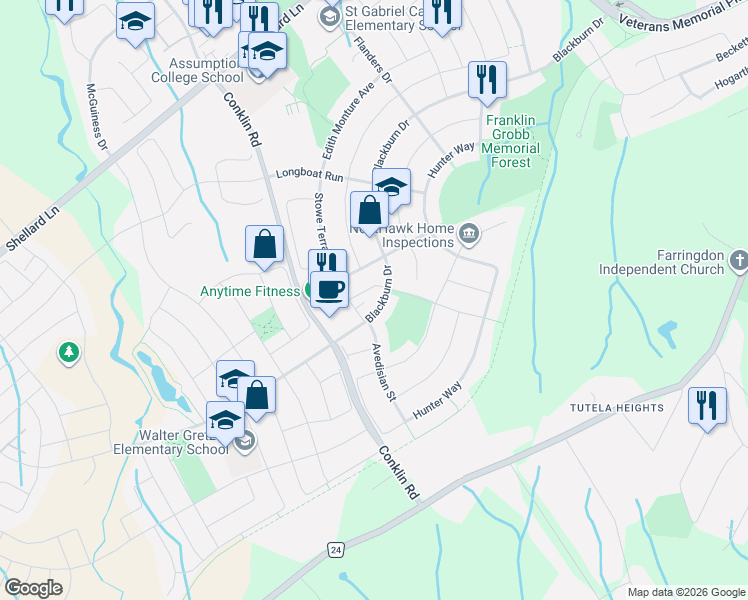 map of restaurants, bars, coffee shops, grocery stores, and more near 238 Blackburn Drive in Brantford