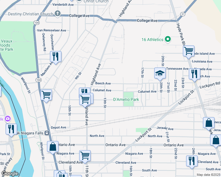 map of restaurants, bars, coffee shops, grocery stores, and more near 1314 Calumet Ave in Niagara Falls