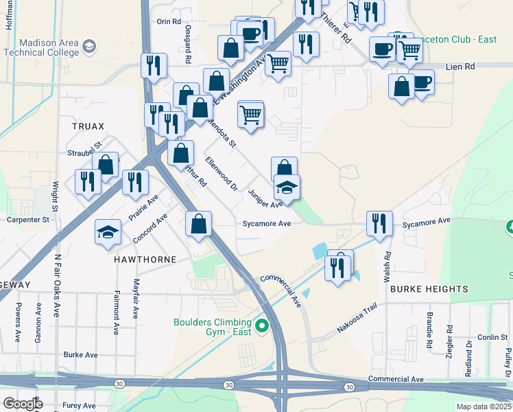 map of restaurants, bars, coffee shops, grocery stores, and more near 1209 Juniper Avenue in Madison