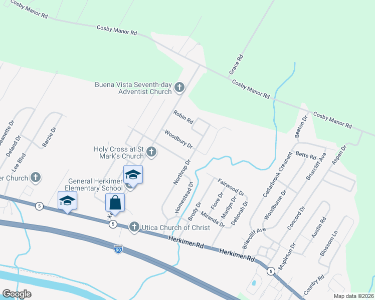 map of restaurants, bars, coffee shops, grocery stores, and more near 1318 Woodbury Drive in Utica