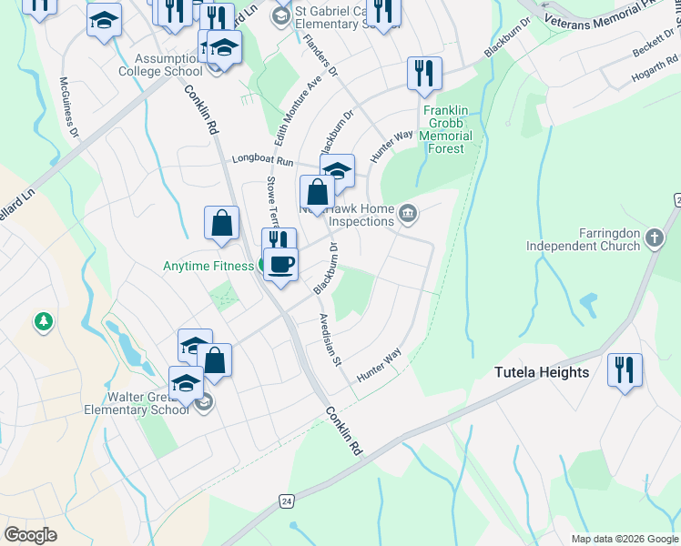 map of restaurants, bars, coffee shops, grocery stores, and more near 205 Blackburn Drive in Brantford