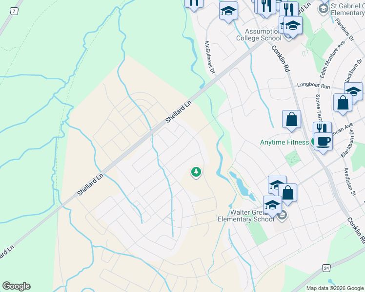 map of restaurants, bars, coffee shops, grocery stores, and more near 112 Longboat Run in Brantford