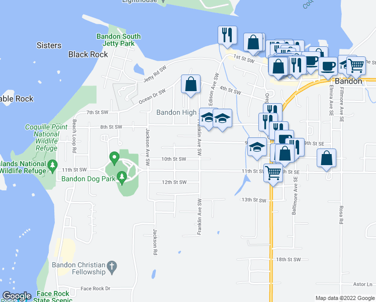 map of restaurants, bars, coffee shops, grocery stores, and more near 755 9th Street Southwest in Bandon