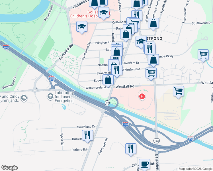 map of restaurants, bars, coffee shops, grocery stores, and more near 30 Westmoreland Drive in Rochester
