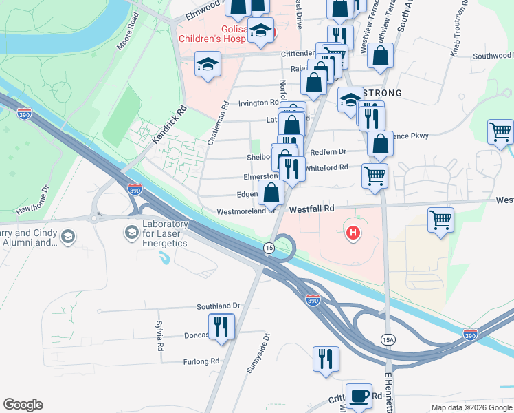 map of restaurants, bars, coffee shops, grocery stores, and more near 30 Westmoreland Drive in Rochester