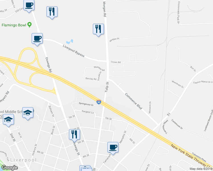 map of restaurants, bars, coffee shops, grocery stores, and more near 1239 Tulip Street in Liverpool