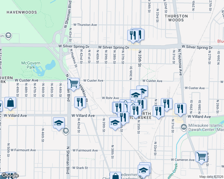 map of restaurants, bars, coffee shops, grocery stores, and more near 5330A North 38th Street in Milwaukee
