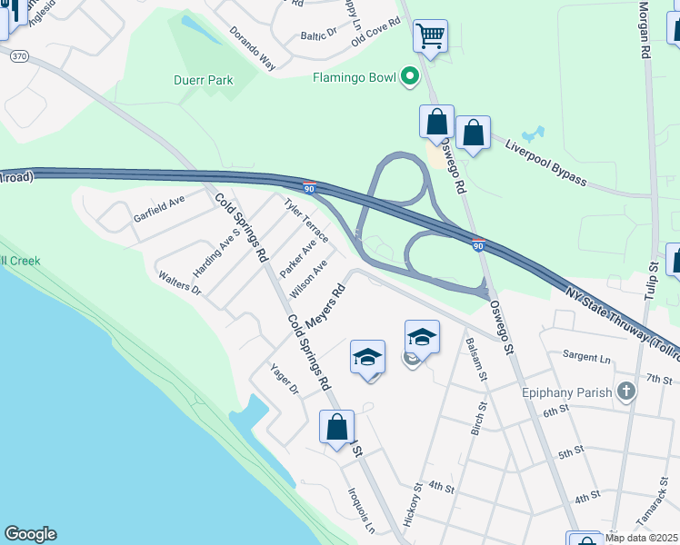 map of restaurants, bars, coffee shops, grocery stores, and more near 200 Meyers Road in Liverpool