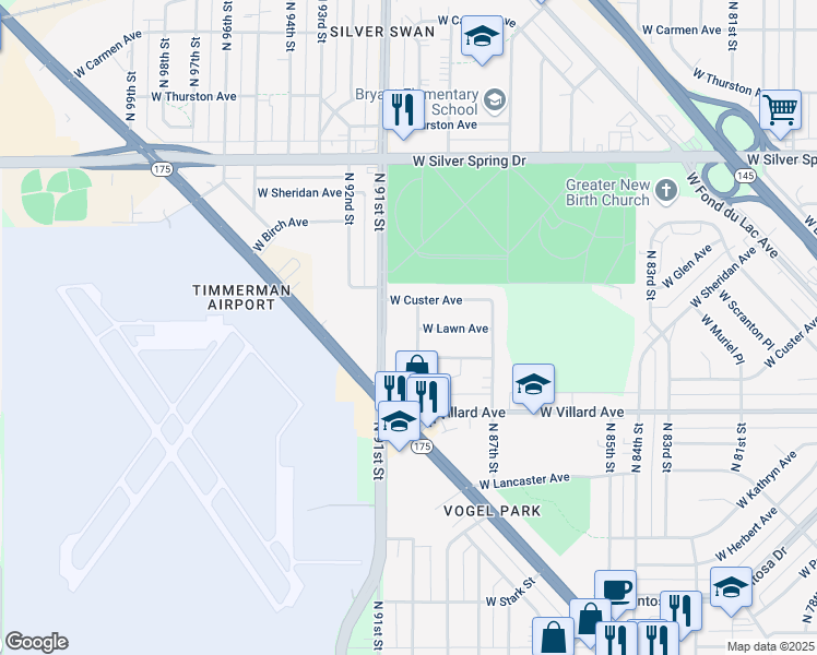 map of restaurants, bars, coffee shops, grocery stores, and more near 5310 North 90th Street in Milwaukee