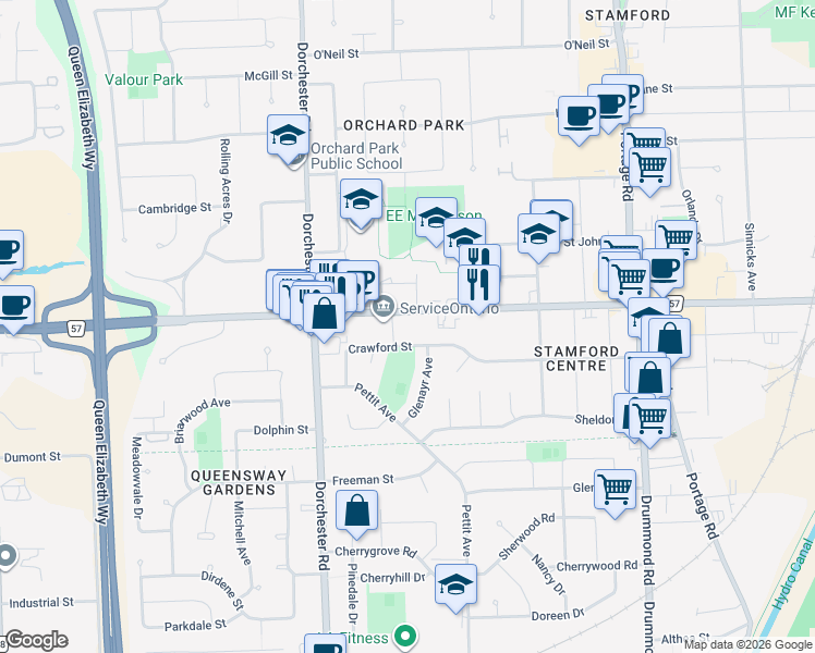 map of restaurants, bars, coffee shops, grocery stores, and more near 6725 Confederation Avenue in Niagara Falls