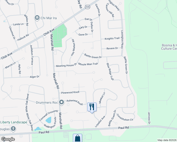 map of restaurants, bars, coffee shops, grocery stores, and more near 42 Sunderland Trail in Rochester
