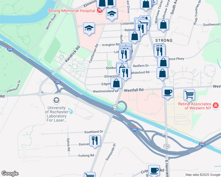 map of restaurants, bars, coffee shops, grocery stores, and more near 30 Westmoreland Drive in Rochester
